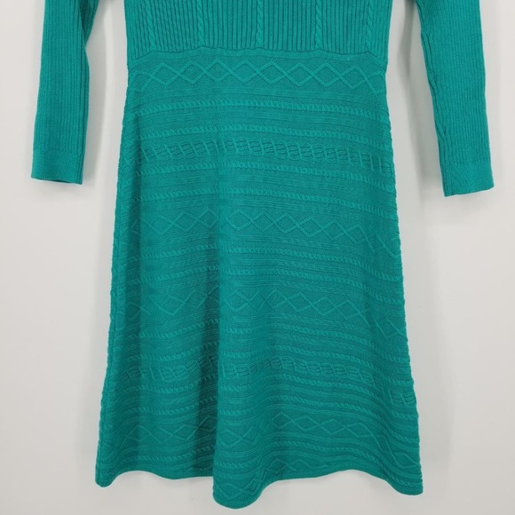 Julie Brown Cable Knit Sweater Dress - Mini Teal Green A Line Flare 3/4 Sleeves - Picture 6 of 7